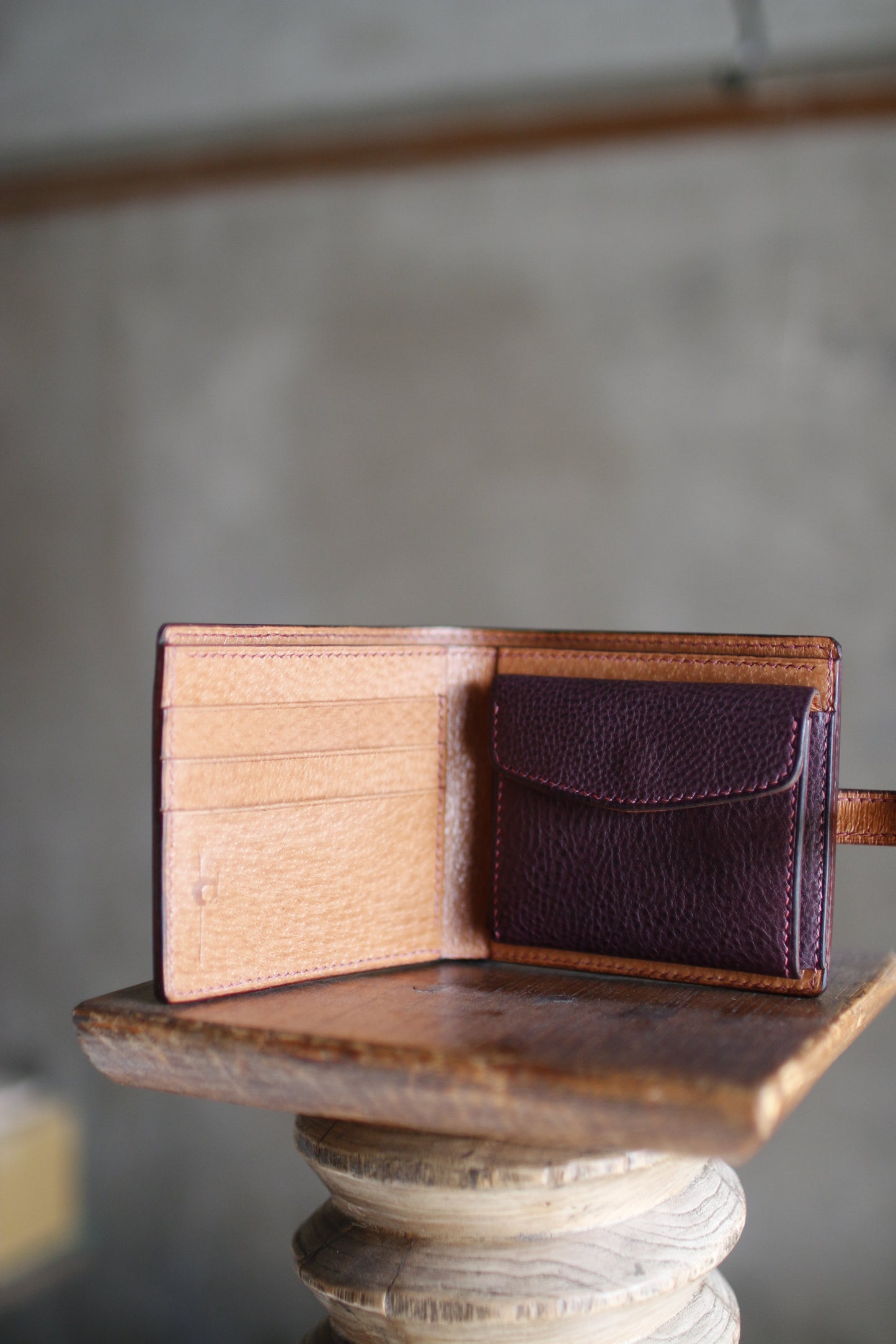 【オーダー】パープル×キャメル×ピンクの折財布※総手縫い